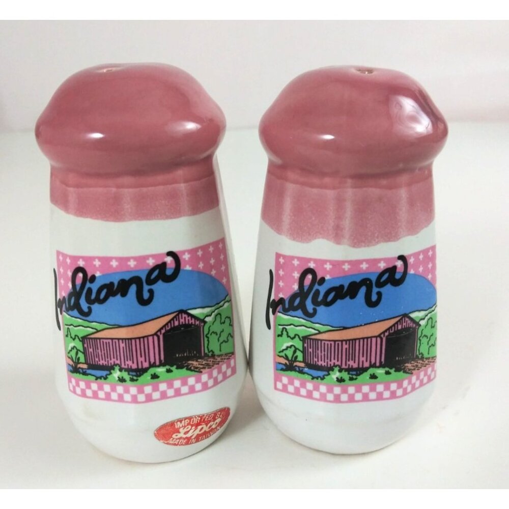 Vintage Lipco Indiana Covered Bridge Pink & White Salt & Pepper Shakers
